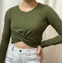 NWOT Sexy Dark Green Front Knot Crop Top Long Sleeve Size Medium