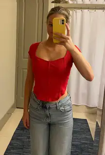 Red Ribbed Cotton Corset Tee