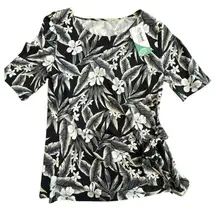 Lands' End Tie Front Short Sleeve Top Size Small Black Floral White Tencel NWT