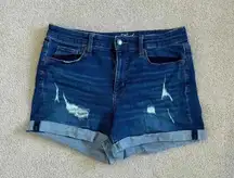 Universal thread high rise midi dark blue distressed jean shorts