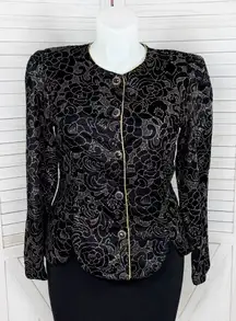 Vintage 80s R&K‎ Evening Floral Glitter Velvet Blazer Jacket Black Gold 14