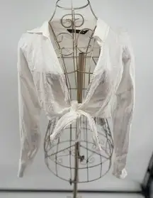 ZARA Womens White Long sleeve 100% Linen Tie Front Crop Top Size Medium