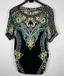 Roz & Ali Top Womens L Psychedelic‎ Print Y2K Glam Pop Festival Bling Boho Arsty
