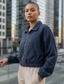 Zaful Ribbed Cropped Blue Corduroy Full Zip Jacket Womens Long Sleeve Coat XL #