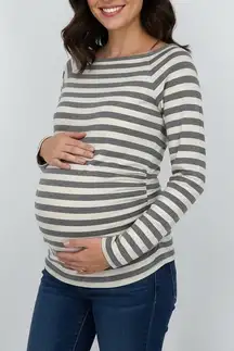 Gap Maternity Striped Boat Neck Long Sleeve Ruched Top XS Cotton Blend