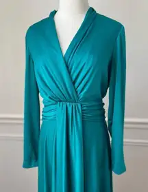 Vintage Dan Leslie 70s Long Sleeve Emerald Green Maxi Dress Cross Front M