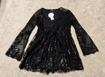 Boohoo NEW Sasha wrap floral sequin Black Sequin Lace skater Dress Women size 20