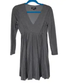 Oleg Cassini Gray V Neck Pleated Rayon Blend Knit Dress