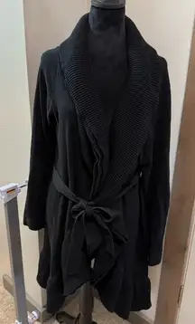 Miss Me Black Flowy Tie Front Cardigan Sweater Heavyweight Long Length Knit Wrap