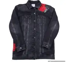 American Eagle Denim Jacket Oversized Embroidered Floral Rose Black Red Size XS