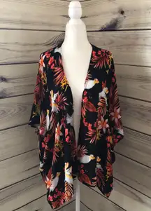 Black Tropical Leaf Bird Print Kimono