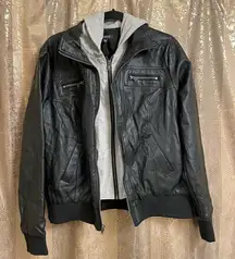 Torrid Black Gray Mixed Media Faux Leather Hooded Moto Jacket, 1X 14/16