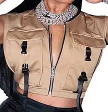 Micas Women's Y2K Cropped Buckle Vest Military Tactical Club Full-Zip Jacket New