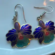 Vintage Colorful Enamel Floral Dangle Earrings, Tropical Flowers Blue Purple