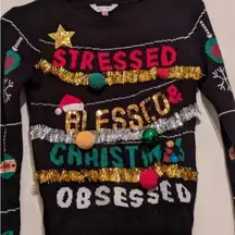 No Boundaries 7 9 Ugly Christmas Sweater, Stress Blessed Christmas Obsessed