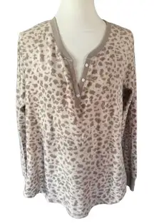 Jaclyn Intimates Womens Pajama Top Button Long Sleeve Leopard Brown Large