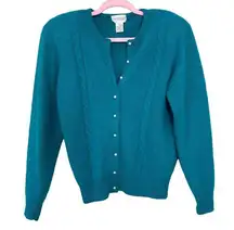 Vintage Nordstrom Teal Angora Cable Knit Sweater Cardigan Pearl Buttons 80s