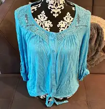 EMERALD “Live and Let Live” Light Blue with Lace Cardigan Size Large