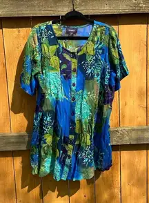 Roaman's Button-Up Blouse Short Sleeve Floral Blue Green Light Spring Size 12W‎