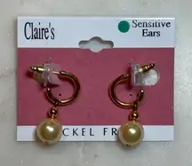 Claire's Vintage Gold tone Hoops with Pearl Earrings | Nickel Free