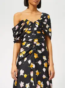 Self-Portrait Floral Off the Shoulder Ruched Corset Satin Slit Maxi Dress Black