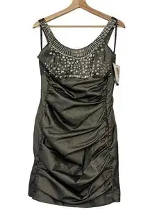 NWT JESSICA MCCLINTOCK Vintage Studded Scoop Neck Metallic Ruched Silver Size 12