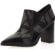 Chloe women’s black studs leather pointed ankle booties block heel size 37.5