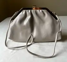 Vintage Taupe Leather Frame Clutch Shoulder Bag Gold‎ Hardware 70s Evening Purse