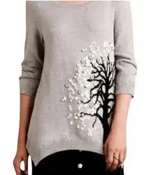 ANTHROPOLOGIE HWR Monogram Gray‎ Button & Tree Motif Sweater EUC Size Small