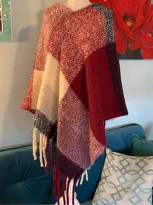TAHARI Fringed Pullover Check Plaid Blanket Poncho OS S, M, L