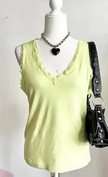 Lime Green Lace Trim Tank Top, Y2K Summer Festival Coquette 2000s Retro‎ Large