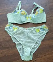 Savage X Fenty Chic Feminine Fairy Embroidered Floral Mesh Pastel Green bra set