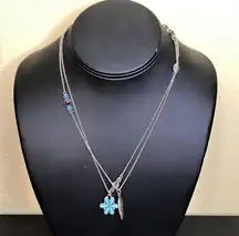 Lucky Brand Necklace Two Strand Feather Teal Silver New