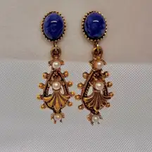 Rare Vintage Signed Florenza Royal Blue Rhinestone Pearl Dangle Clip-On Earrings