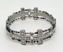 Silver Tone Rhinestone Cross Beaded Elastic Stretch Bracelet