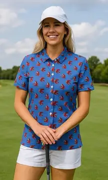 Tory Burch Sport Blue Red Bird Novelty Print Polo Golf Tennis Pickleball S