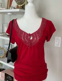 Elegant Red Lace Trim Women's Top Size L
