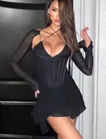 Black Silk Gianna Corset Cold Shoulder Long Sleeve Body-Con Dress S