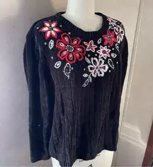 Alfred Dunner Christmas Sweater Poinsettia Crew Black Velour Grannycore large