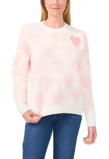 Vince Camuto Heart Crewneck Sweater Women M Cream Pink Pearl Valentine’s Day NWT