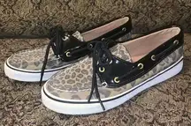Sperry Topsiders loafers cheetah and black patent, size 7.5