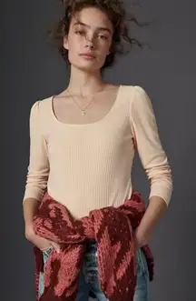 By Anthropologie Ribbed Scoop Neck Long Sleeve‎ Top Sz XS Orange Stretch