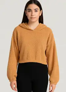 NWOT Flirtitude Juniors Tan Sherpa Fuzzy Cropped Hoodie Sweatshirt Size Large