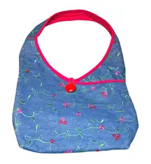 Embroidered Denim Shoulder Bag Floral Print Blue Red Button Hobo Bag Y2K Casual