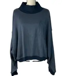 Free People Large Rae Pullover Sweatshirt Mock Neck Stretch Dolman Sleeves Blue