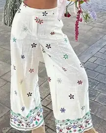 Zara Embroidered‎ Linen Blend Wide Leg Pants Size Medium