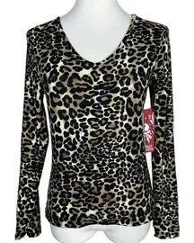 Leopard Animal Stretch Crop Long Sleeve V Neck Top Large NWT