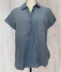 A NEW APPROACH () blue denim style short sleeve henley shirt