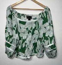 Tahari Green and White Boxy 3/4‎ Sleeve Blouse