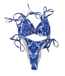 Unknown Brand - Triangle Halter Bikini Top & Tie Side Bottoms in Blue & White